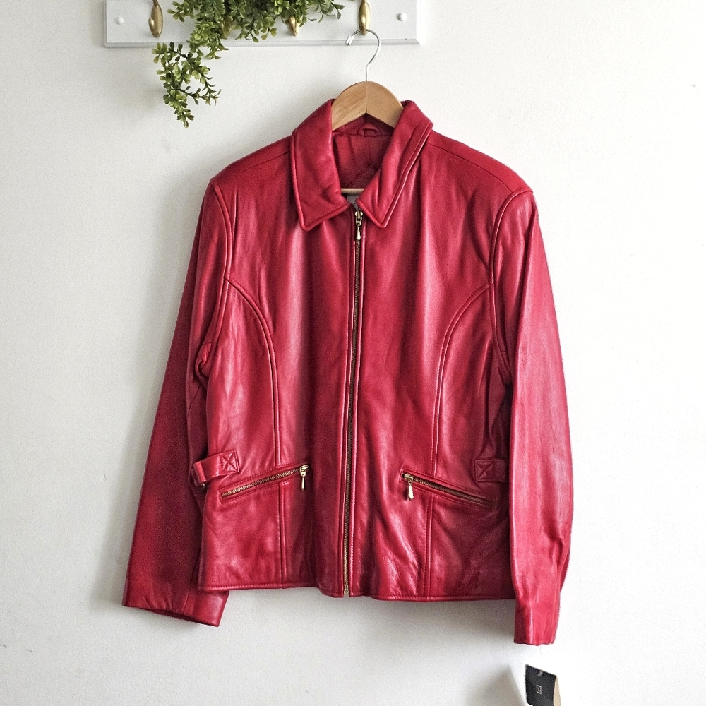 Valerie Stevens Red Lamb Leather Jacket Womens M Zip Moto NWT